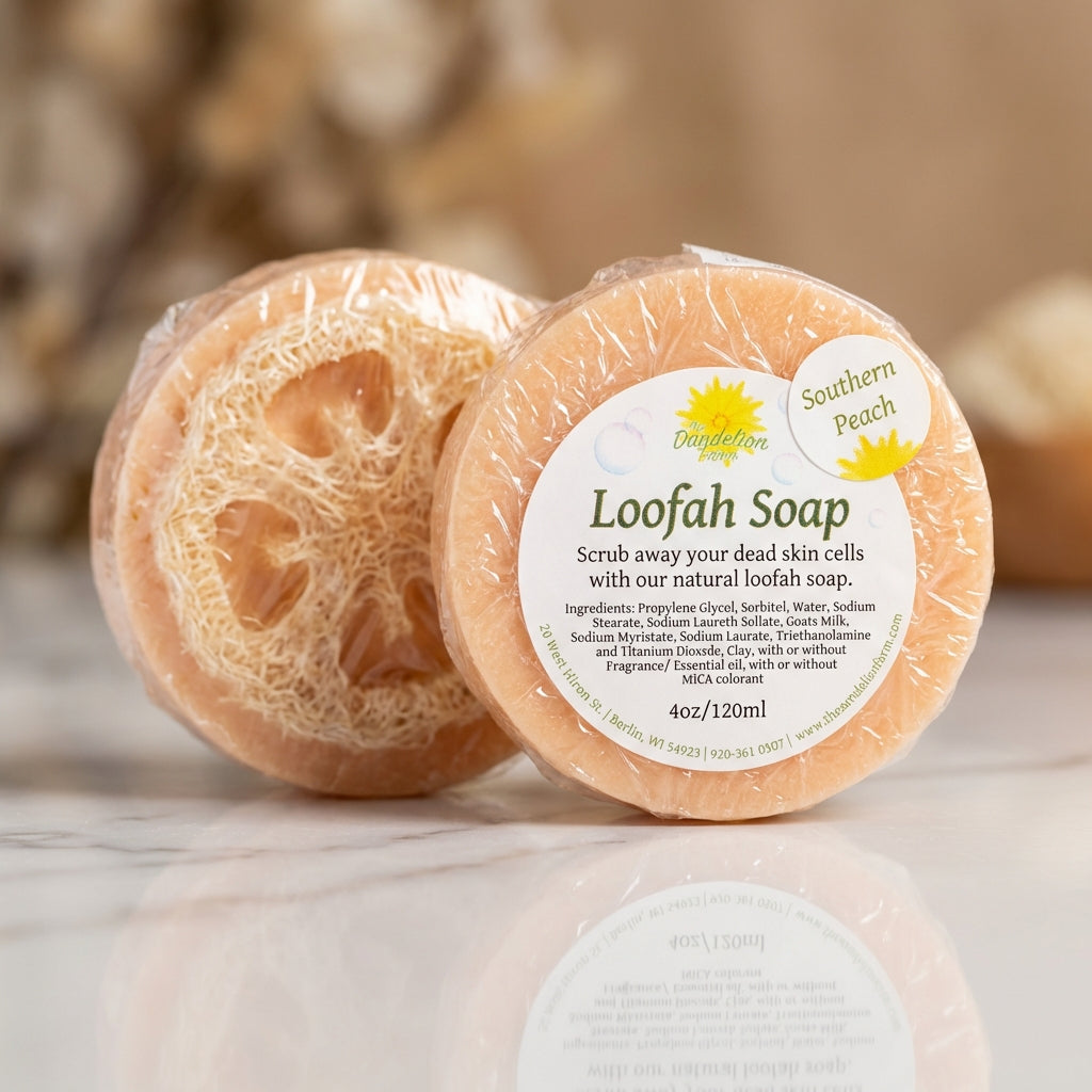 A close-up shot of a natural loofah soap, expertly lit with softbox lighting to highlight its textured surface and embedded loofah sponge. The camera angle is a shallow depth of field, focusing on the front of the soap while slightly blurring the backgroun