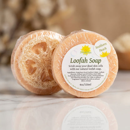 A close-up shot of a natural loofah soap, expertly lit with softbox lighting to highlight its textured surface and embedded loofah sponge. The camera angle is a shallow depth of field, focusing on the front of the soap while slightly blurring the backgroun