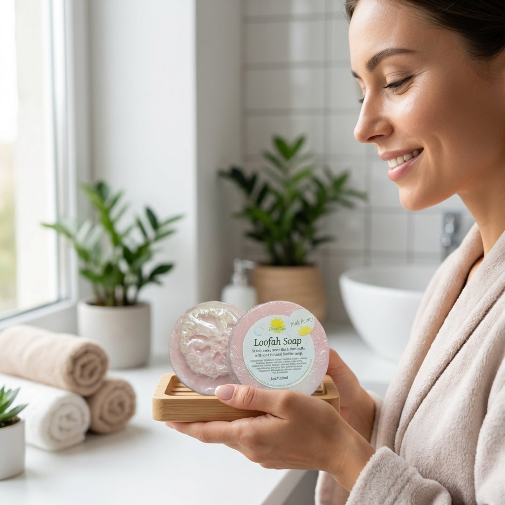 A vibrant lifestyle scene depicting a woman in a modern, minimalist bathroom using the loofah soap. The camera captures her hand holding the soap, with a wide-angle shot that includes her relaxed facial expression and part of her spa-like environment. The 