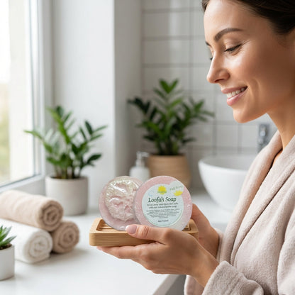 A vibrant lifestyle scene depicting a woman in a modern, minimalist bathroom using the loofah soap. The camera captures her hand holding the soap, with a wide-angle shot that includes her relaxed facial expression and part of her spa-like environment. The 