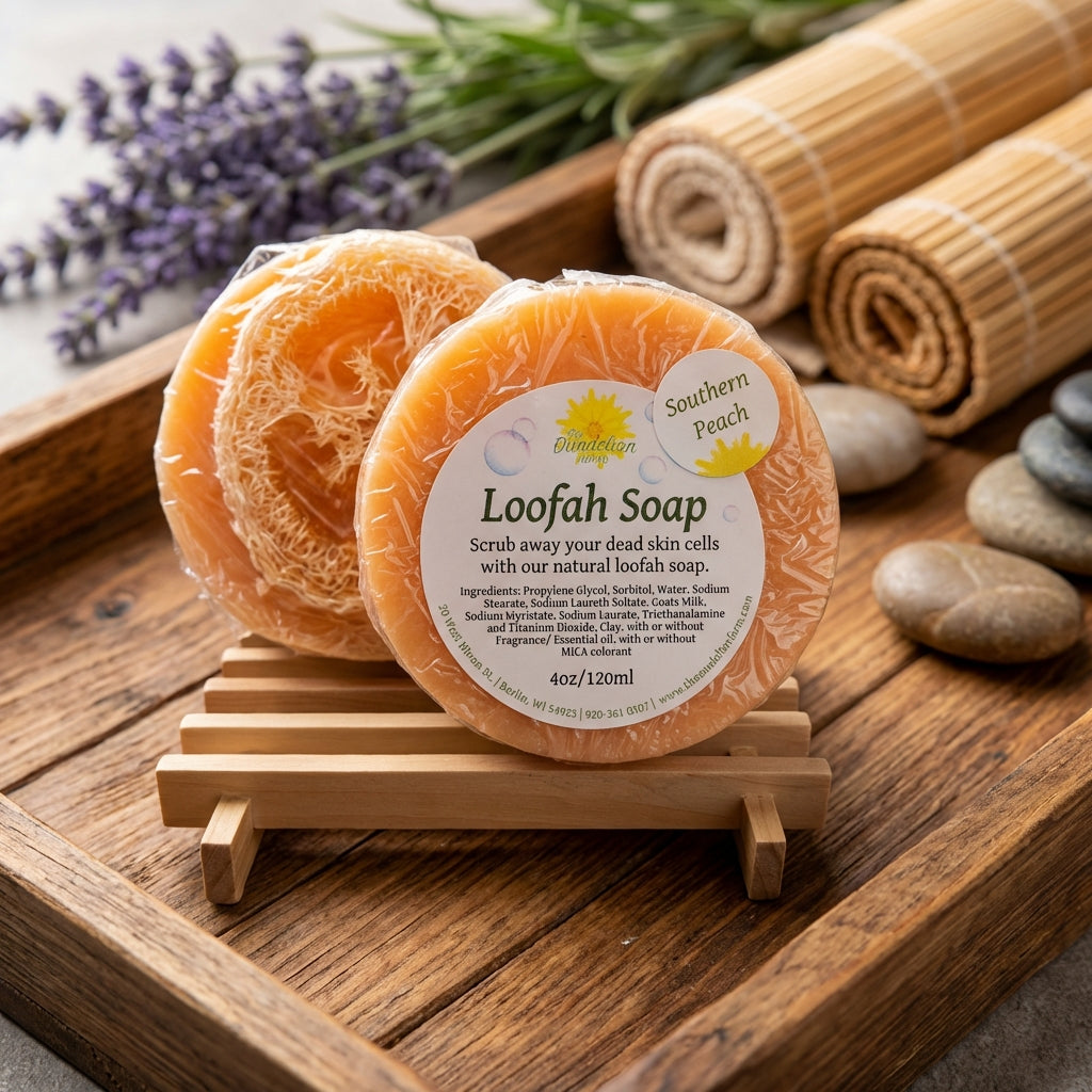 A high-angle shot of the loofah soap displayed on a wooden tray in a spa setting. The lighting simulates HDR studio light with balanced highlights and shadows, emphasizing the soap’s natural beige color and embedded loofah. The scene includes soft-focus ba