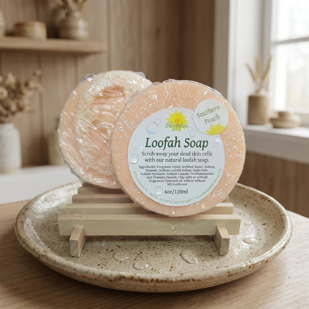 A product shot of the loofah soap standing upright on a rustic, textured ceramic dish. The environment mimics a cozy, natural bathroom with ambient diffused daylight casting gentle shadows. A subtle wooden backdrop complements the earthy shades of the soap
