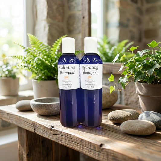 A vibrant lifestyle scene featuring the shampoo as the focal point on a rustic wooden bathroom shelf, surrounded by lush green plants and natural stone decor. Bright, diffused daylight filters through a nearby window, casting natural shadows and enhancing 