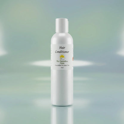 Capture a luxurious studio shot of the Hair Conditioner bottle, placed centrally on a sleek, reflective surface under softbox lighting that highlights the smooth, glossy texture of the transparent bottle. Use a shallow depth of field with a macro lens to e