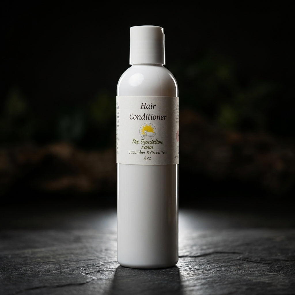 Present a dynamic, high-contrast studio scene featuring the Hair Conditioner bottle on a textured stone surface, illuminated by rim lighting to create a striking outline that makes the product pop against a dark, moody background. Employ a high-resolution 