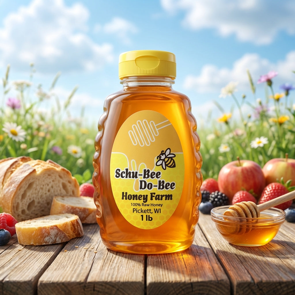 A vibrant, lifestyle scene featuring a picnic table outdoors bathed in diffused daylight, with the 'Schu-Bee Do-Bee Honey' jar prominently displayed beside fresh bread, fruits, and a honey dipper resting on a rustic wooden table. The product is lit with HD