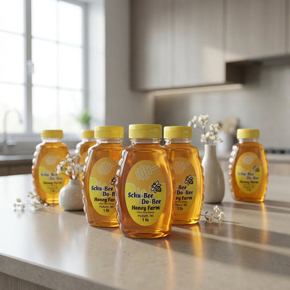 A sophisticated product display with multiple jars of 'Schu-Bee Do-Bee Honey' arranged in a minimalistic, modern kitchen setting. The lighting utilizes diffused daylight from large studio windows, creating a clean, bright environment. The camera, positione