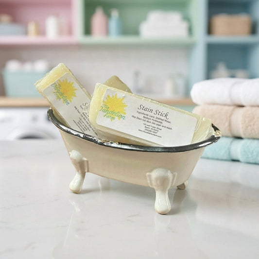 A highly detailed close-up of a Stain Stick in a professional laundry setting, illuminated by softbox lighting that highlights its sleek, ergonomic design with a matte plastic finish. The camera, shot at a 60-degree angle with a 100mm macro lens, captures 