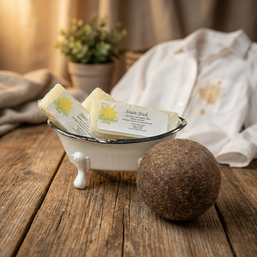 An elegant lifestyle scene featuring the Stain Stick on a rustic wooden table, with a freshly stained shirt partially visible in the background. Warm, HDR studio lighting creates a cozy yet professional ambience. The camera employs a 85mm portrait lens wit