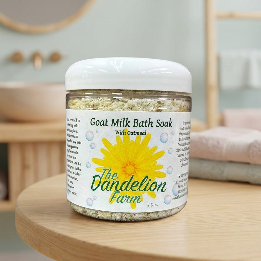 A high-resolution studio shot of the 'Goats Milk Bath Soak with Oatmeal' jar, captured from a slightly elevated angle with a macro lens at 50mm, showcasing the creamy texture of the powder inside transparent glass, with softbox lighting to create a gentle,