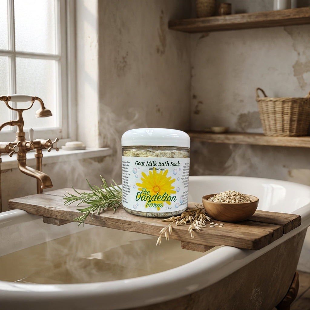 An artistic lifestyle scene depicting the 'Goats Milk Bath Soak with Oatmeal' in a natural bathroom environment, styled as part of a calming bath setup. The image is shot with a wide-angle lens (24mm) from a side perspective, emphasizing the product placed