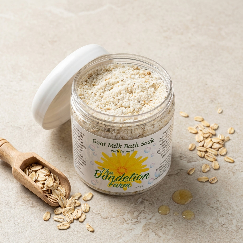 A close-up, top-down view of the 'Goats Milk Bath Soak with Oatmeal' package resting on a textured, light-colored bathroom counter. The product is illuminated with HDR studio lighting using diffused daylight softboxes to highlight the creamy powder inside 