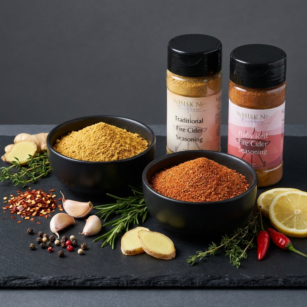 2. Create a high-angle, studio-product shot of the Fire Cider Seasoning Blend in a minimalist, matte black bowl, with scattering of herbs and spices around it to showcase the ingredients' freshness and variety. Employ diffused daylight studio lighting that
