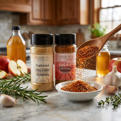 3. Illustrate the seasoning blend in a gourmet kitchen environment: a rustic marble countertop with a pouring spoon held over a small dish of the seasoning, captured from a side angle using a 50mm lens to emphasize depth. Employ rim lighting to create a su