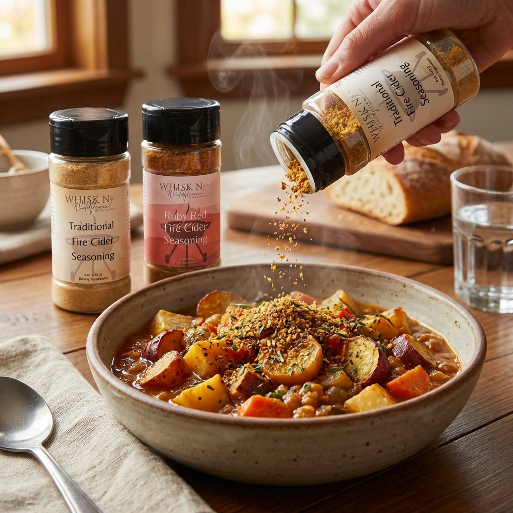 4. Depict a lively, lifestyle setting featuring the Fire Cider Seasoning Blend sprinkled over a freshly prepared dish—think roasted vegetables or a hearty stew—on a well-staged dining table. Use natural HDR studio lighting to emphasize the rich colors and 