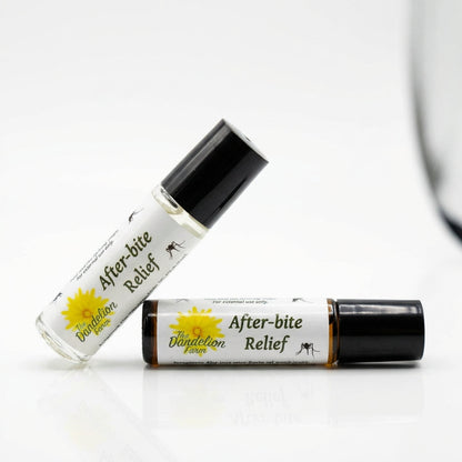Capture a close-up, studio shot of the 'After-bite Relief' roll-on bottle, illuminated by softbox lighting that highlights its sleek, transparent design and the clarity of its natural ingredient-infused liquid. Use a macro lens with a 100mm focal length, s