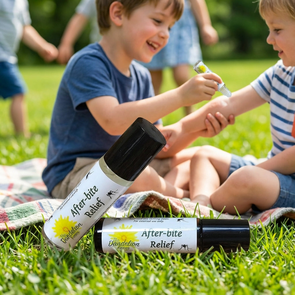 Create a vibrant lifestyle scene featuring the 'After-bite Relief' spray-on bottle in an outdoor family setting during bright daylight, using HDR studio lighting to balance shadows and highlights. Position the product in the foreground with children playin
