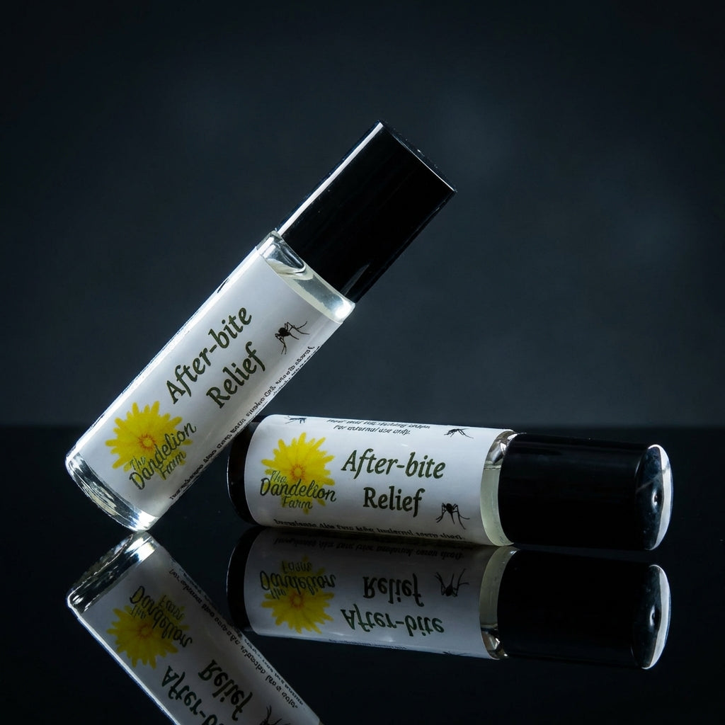 Design an artistic, high-contrast image of the 'After-bite Relief' roll-on, shot at a 45-degree angle with a professional studio setup. Use rim lighting to produce a luminous edge around the bottle, emphasizing the smooth, curved contours and transparent m