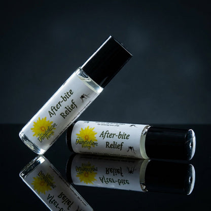 Design an artistic, high-contrast image of the 'After-bite Relief' roll-on, shot at a 45-degree angle with a professional studio setup. Use rim lighting to produce a luminous edge around the bottle, emphasizing the smooth, curved contours and transparent m