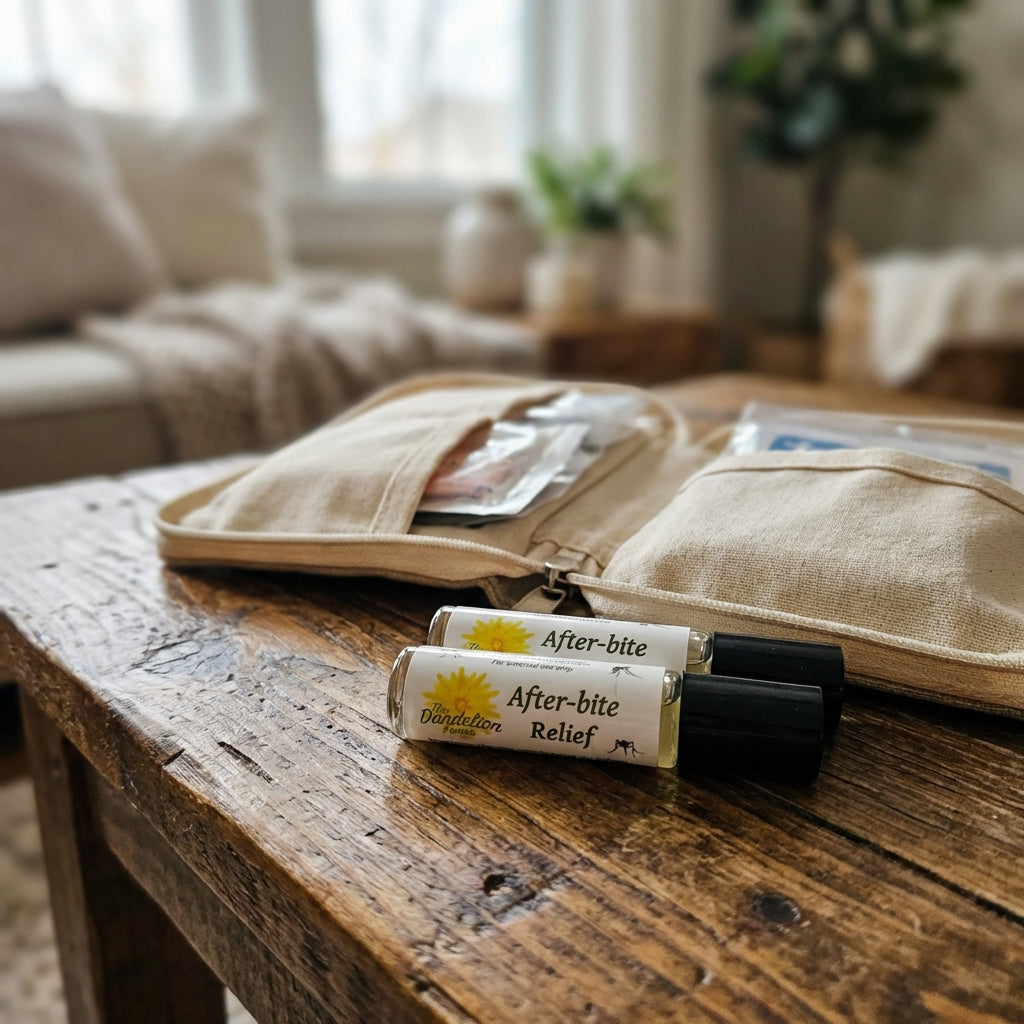Illustrate a cozy, home setting with the 'After-bite Relief' spray bottle on a rustic wooden table beside a family first aid kit. Use soft, diffused daylight to create a warm, inviting atmosphere, with a focus on the product in the foreground, shot through