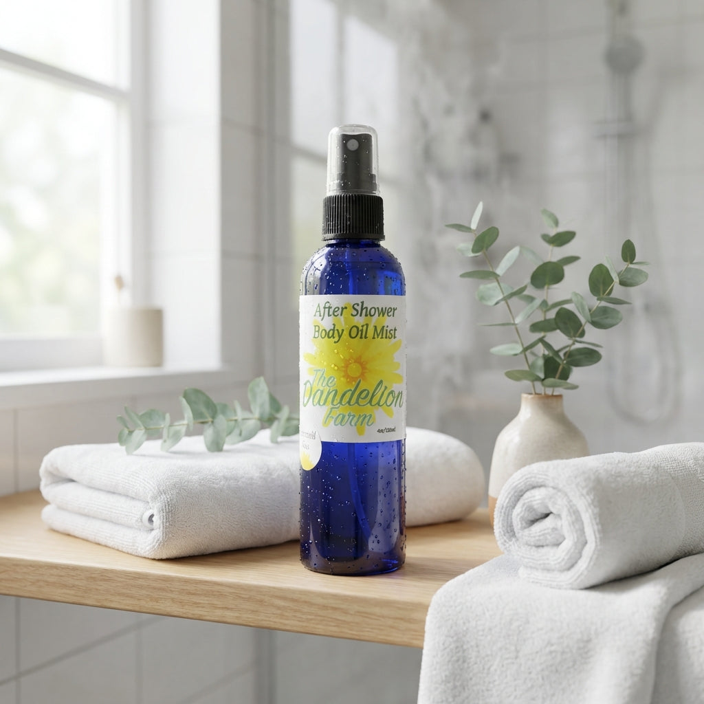 A lifestyle scene depicting the 'After Shower Body Oil Mist' on a minimalist bathroom shelf, surrounded by elements like white towels, green eucalyptus leaves, and natural light streaming through a window. The product is front and center, shot with a wide-