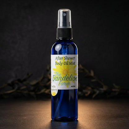 A product-focused image featuring the 'After Shower Body Oil Mist' against a dark, matte backdrop with subtle textured elements to enhance contrast. The bottle is illuminated by an HDR studio light with rim lighting to accentuate its sleek silhouette and m