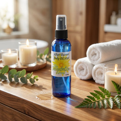 An overhead shot of the 'After Shower Body Oil Mist' atop a luxurious, wooden vanity with soft, natural sunlight highlighting its clarity and fine mist spray. The scene includes decorative spa elements such as soft towels, aromatic candles, and a hint of g