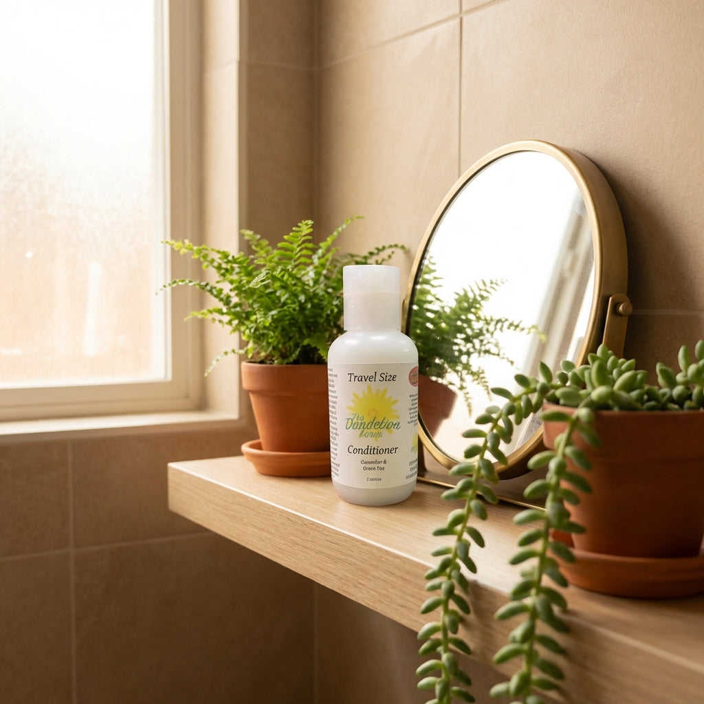 A vibrant lifestyle scene captured in natural daylight with a soft haze filter, showing the travel-size Hair Conditioner positioned on a minimalist bathroom shelf next to lush green plants and a small, stylish mirror. The camera angle is slightly above eye
