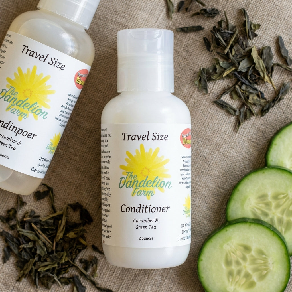 A high-detail flat lay composition of the travel-size Hair Conditioner placed alongside matching shampoo and a few fresh cucumber slices and green tea leaves, shot with diffuse daylight studio lighting from above. The camera employs a 50mm macro lens to ca