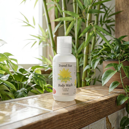 A vibrant, lively scene of the travel-size body wash positioned on an open bathroom shelf with a backdrop of leafy green plants and bamboo accents. The scene is brightly lit with diffused daylight that enhances the natural, organic feel. The product is cap