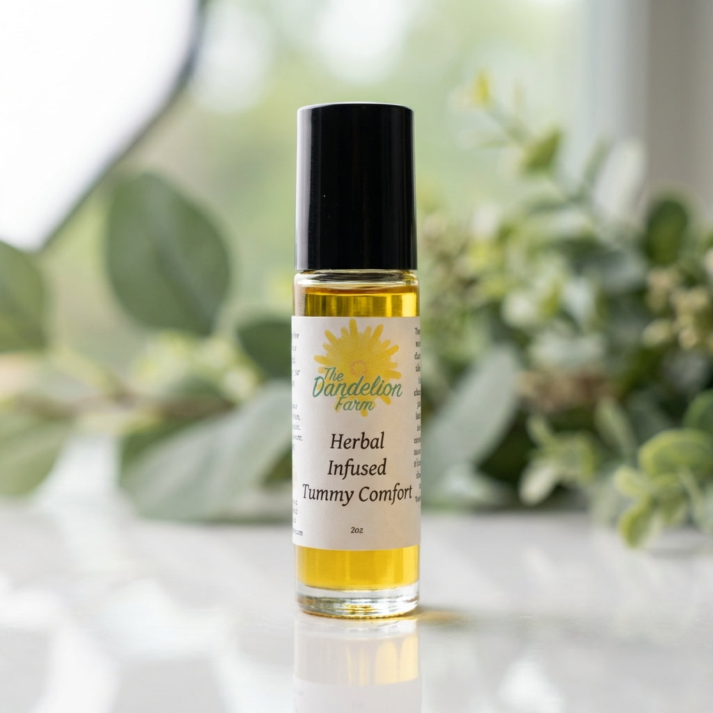 A close-up studio shot of the 'Tummy Comfort' product, a sleek, transparent glass bottle with a natural herbal label, softly illuminated by diffused daylight from a large softbox. The bottle is positioned on a pristine white surface with a subtle reflectio