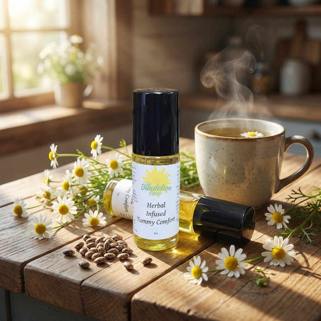 A lifestyle scene featuring the 'Tummy Comfort' bottle on a rustic wooden kitchen countertop, surrounded by fresh chamomile flowers, castor seeds, and a steaming herbal tea cup. Natural sunlight streams through a window, creating a warm, inviting atmospher