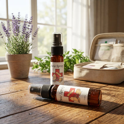 A lifestyle scene featuring Owie Spray placed on a rustic wooden table in a bright, airy home setting. Natural sunlight filters through nearby windows, illustrating a relaxed, caring environment. The spray bottle is slightly tilted, with droplets visibly s