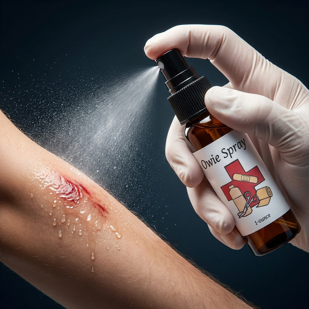 A dynamic, macro shot of the Owie Spray being held in a healthcare professional's hand, with focus on the spray nozzle spraying a fine mist onto a small, minor scrape on a patient’s arm. HDR studio lighting highlights the clarity of the spray’s liquid, the