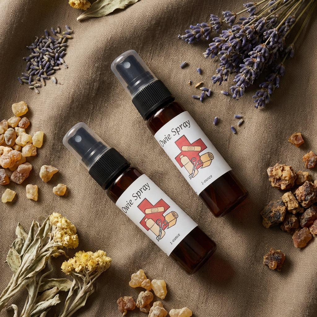 A sophisticated product flat lay on a textured, earth-toned linen fabric surface, with the Owie Spray’s label clearly visible. Surrounding it are natural ingredients like lavender flowers, frankincense resin, myrrh chunks, and dried Helichrysum leaves, art