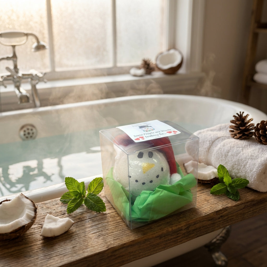 A whimsical lifestyle scene shot at eye level with a 35mm lens onboard a DSLR camera, depicting the Snowman Bath Bomb placed tastefully on a rustic wooden bathroom shelf near a vintage-style clawfoot tub filled with steaming water. Natural diffused dayligh