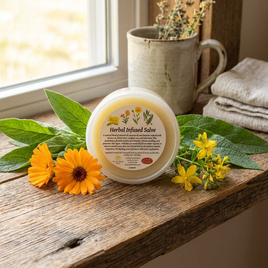A lifestyle scene of the Herbal Salve showcased on a rustic bathroom shelf made of reclaimed wood, with natural daylight diffusing through a window. The product is accompanied by fresh herbs such as Calendula flowers, St. John’s Wort, and Comfrey, arranged