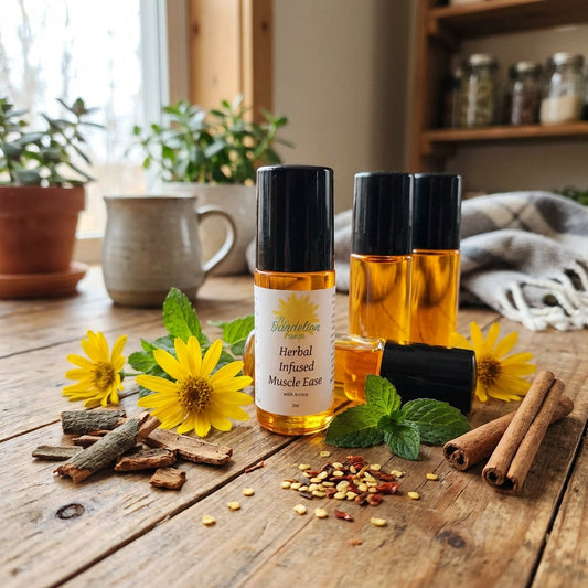 2. A vibrant, lifestyle scene with the 'Herbal Infused Muscle Ease' product resting on a rustic wooden table beside fresh herbal ingredients like arnica flowers, peppermint leaves, wintergreen bark, chili seeds, and cassia sticks, all illuminated by diffus