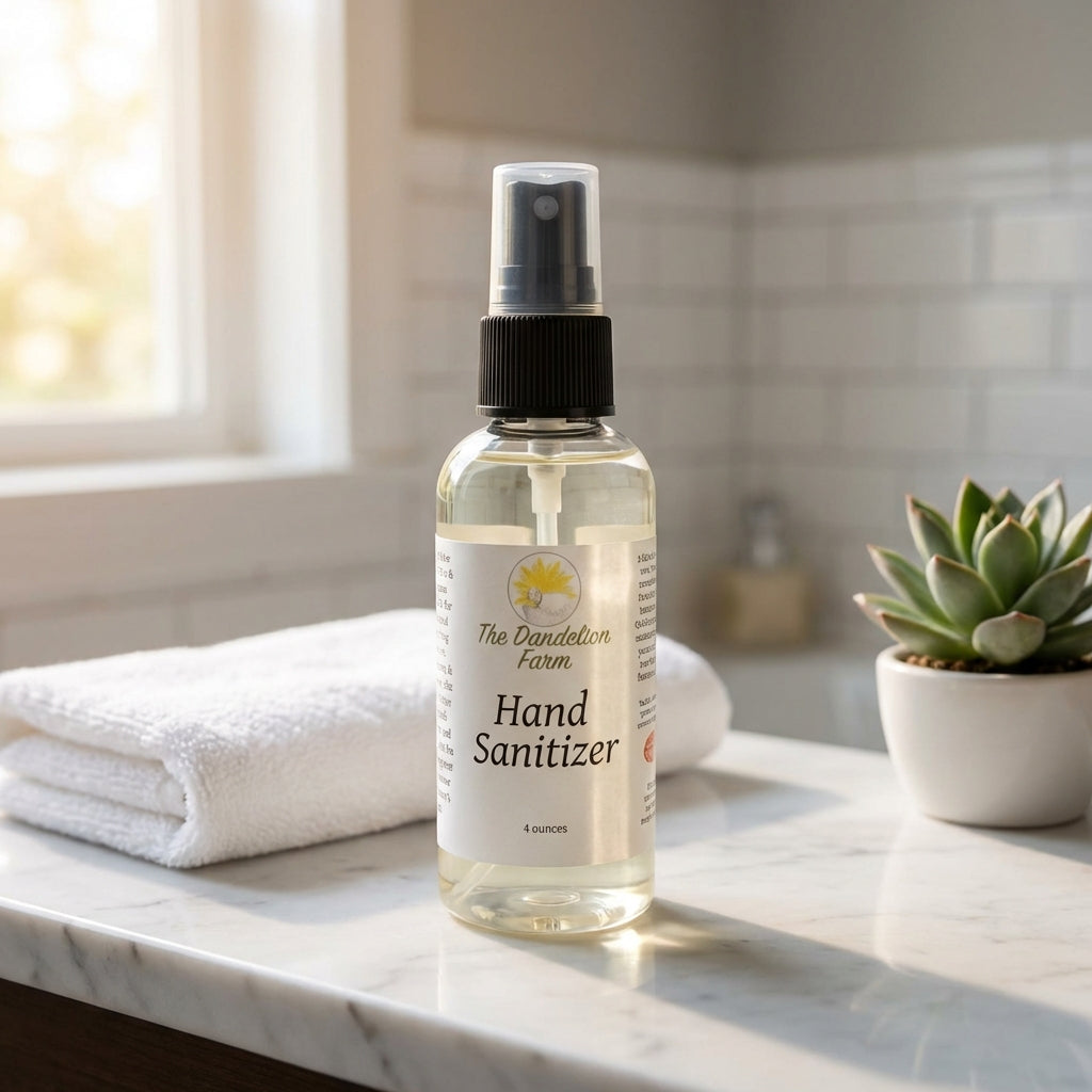 A lifestyle scene featuring the hand sanitizer placed on a modern marble bathroom countertop next to a neatly folded towel and a small potted plant. Warm, natural diffused daylight filters through a nearby window, casting soft shadows and highlighting the 