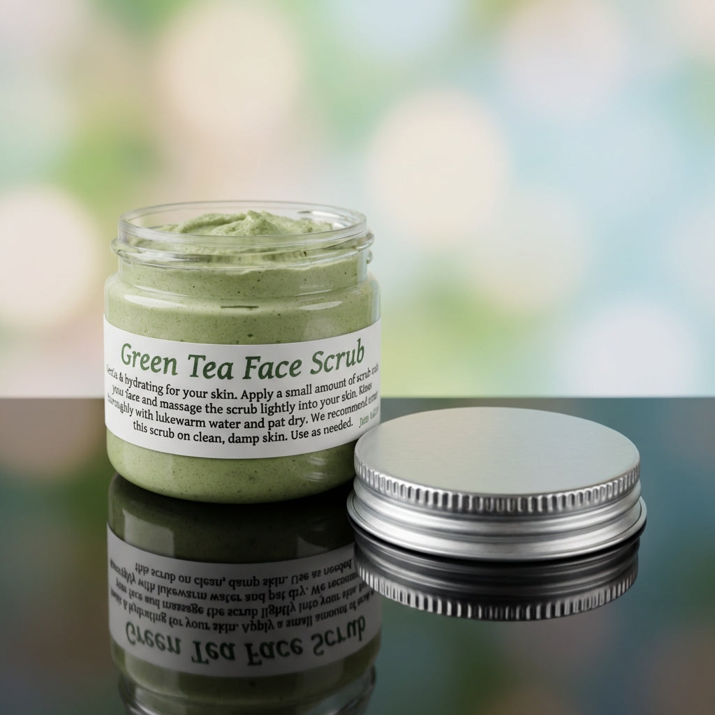 Capture a high-end product shot of the Green Tea Facial Scrub, positioned centrally on a sleek, reflective black surface within a minimalistic studio environment. Use softbox lighting to evenly illuminate the jar, highlighting the natural green color of th
