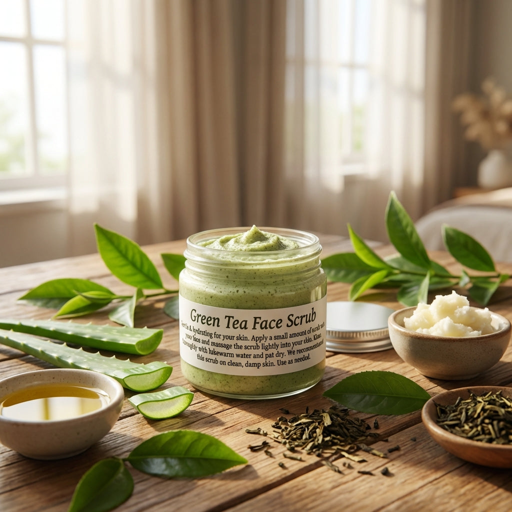 Create a luxurious lifestyle scene showing the Green Tea Facial Scrub on a rustic wooden vanity, surrounded by elements evoking natural skincare, such as fresh green tea leaves, aloe vera slices, and small bowls of almond oil and shea butter. Employ diffus
