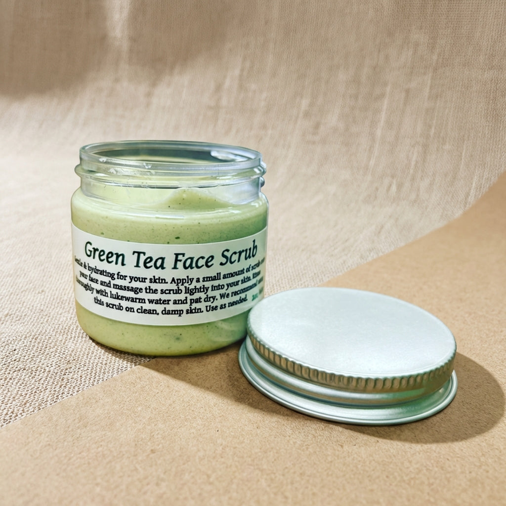 Design an editorial-inspired close-up shot of the Green Tea Facial Scrub jar, set against a textured beige background resembling natural linen or kraft paper. Use HDR studio lighting to accentuate the creamy consistency of the scrub visible through the tra