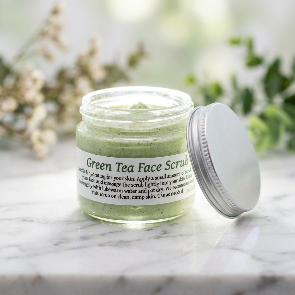 Illustrate an elegant, high-contrast product display scene with the Green Tea Facial Scrub placed on a pristine white marble countertop. Use rim lighting from above to create a glow around the jar, emphasizing its freshness and purity. Integrate a light, a