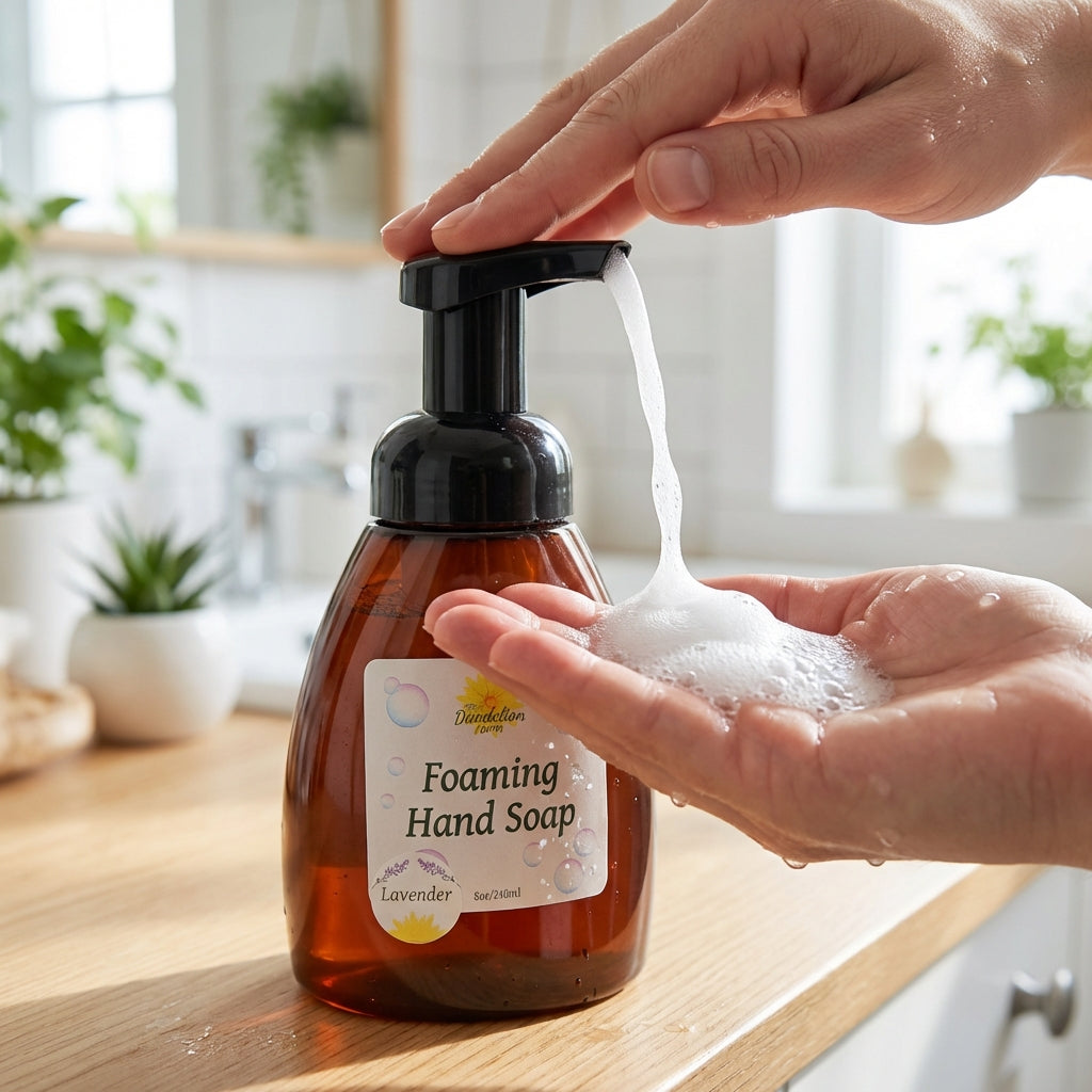 A vibrant, lifestyle-style scene set in a bright, airy bathroom. The focus is on a hand pressing down a modern, ergonomic foaming hand soap pump, with a stream of rich, foamy soap dispensing into a person's open palm. The background features blurred elemen
