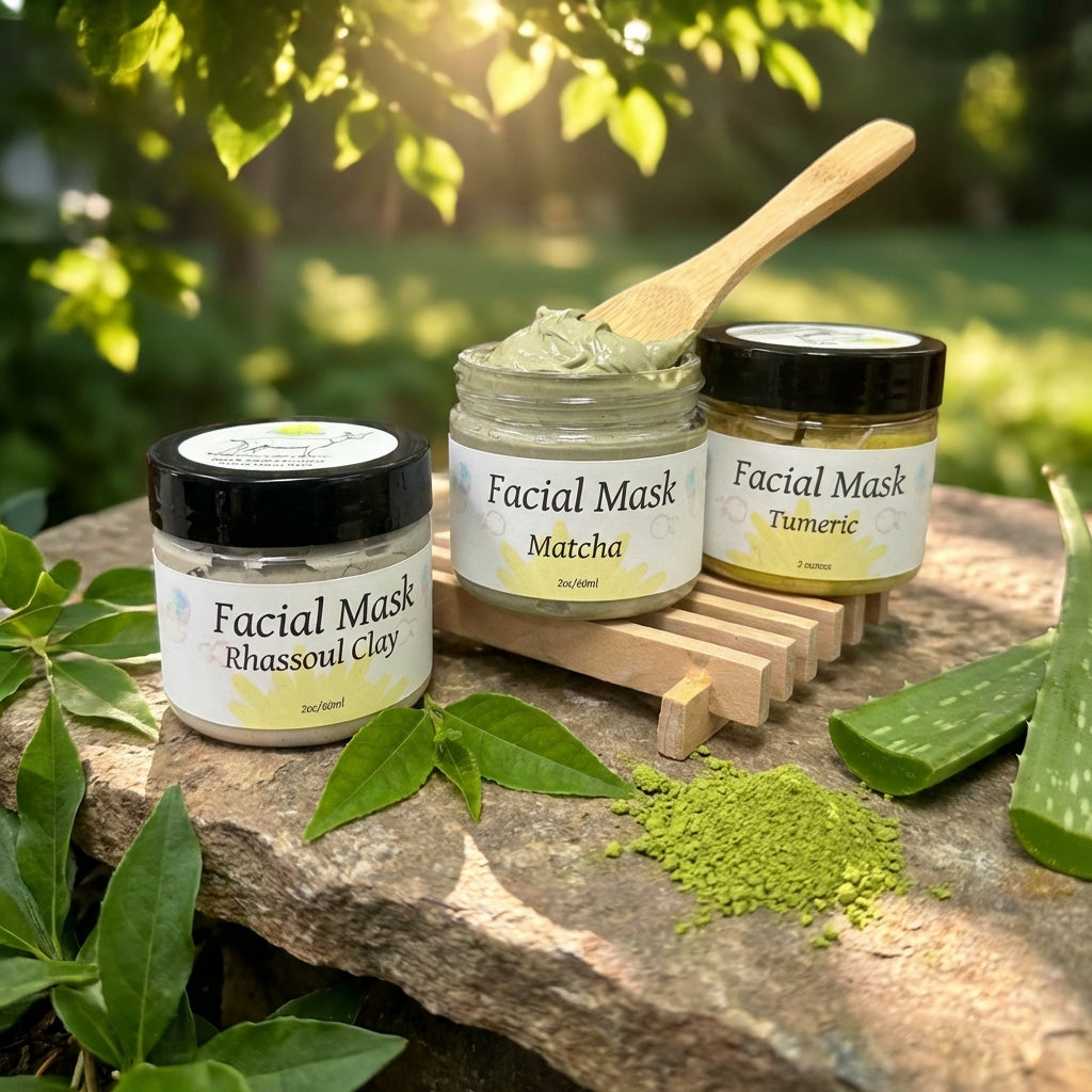 Create a vibrant lifestyle scene showcasing the facial mask placed on a natural stone surface outdoors, with lush greenery and soft sunlight filtering through trees. Use natural diffused daylight for a gentle, warm glow. The shot is a close-up with a macro