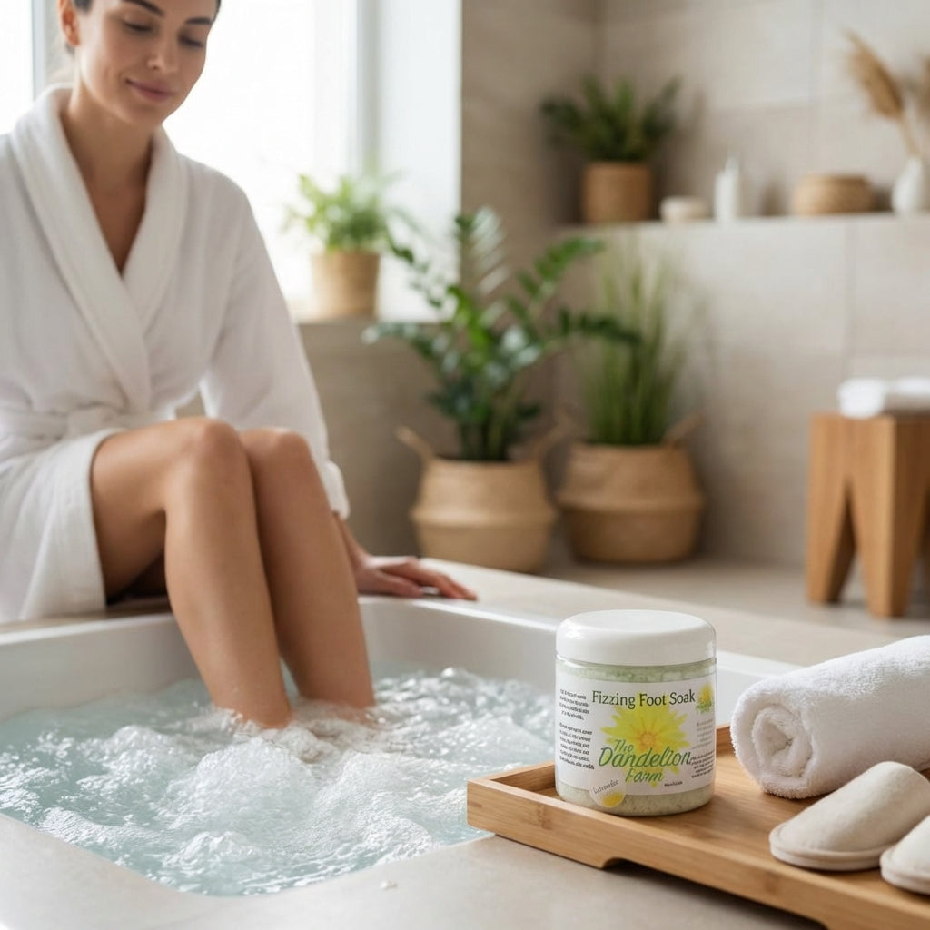 A full-body lifestyle scene captured in a bright, airy home spa setting: a woman soaking her feet in a sleek, minimalist foot bath filled with fizzing water. The scene is shot at a slight side angle with a professional daylight diffuser, illuminating her r