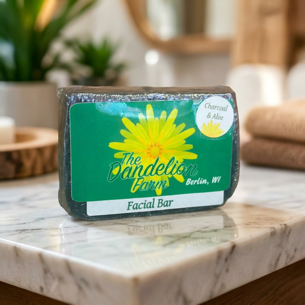 A luxurious close-up shot of a handcrafted facial bar, elegantly positioned on a sleek marble countertop under softbox lighting that highlights the rich texture of the natural soap. The composition emphasizes the artisanal details with a shallow depth of f