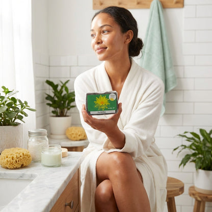 A vibrant lifestyle scene featuring a radiant woman gently holding a facial bar in her hand, with soft diffused daylight illuminating her glowing skin. She is seated in a bright, modern bathroom with a minimalistic aesthetic, showcasing plants and skincare