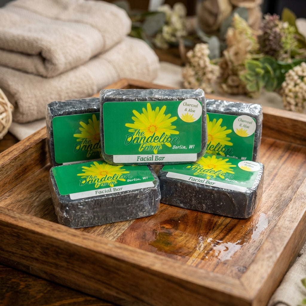 A detailed product shot of multiple facial bars arranged artistically on a rustic wooden tray, under HDR studio lighting that accentuates their handcrafted texture and natural ingredients embedded within the soap. The scene includes subtle reflections on t