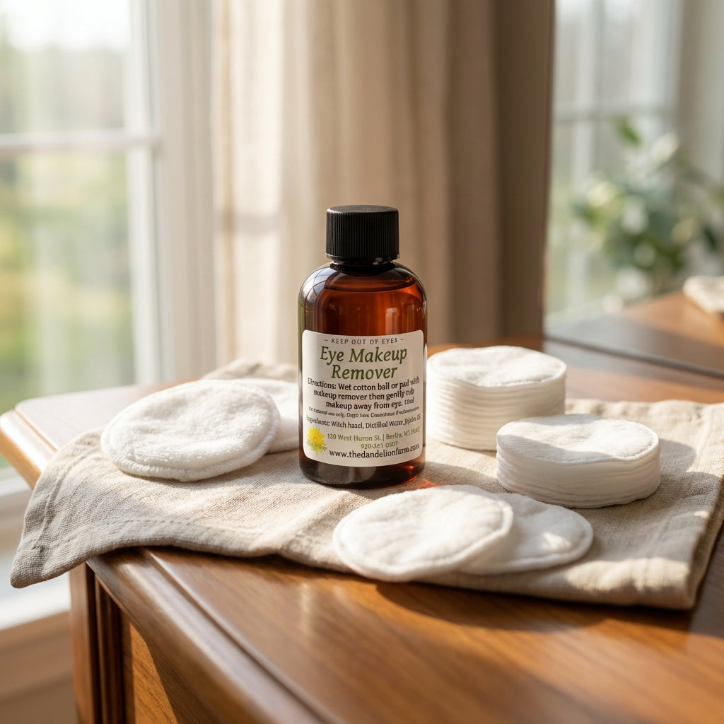 A lifestyle scene featuring the Eye Makeup Remover placed on a luxurious vanity table with a warm, natural daylight diffused through a large window. The product, a sleek frosted bottle with minimalist labeling, is surrounded by soft cotton face scrubbies a